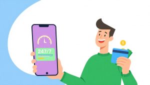 Положительный отзыв о моментальном займе онлайн: довольный клиент с телефоном и картой, на экране надпись «одобрено».